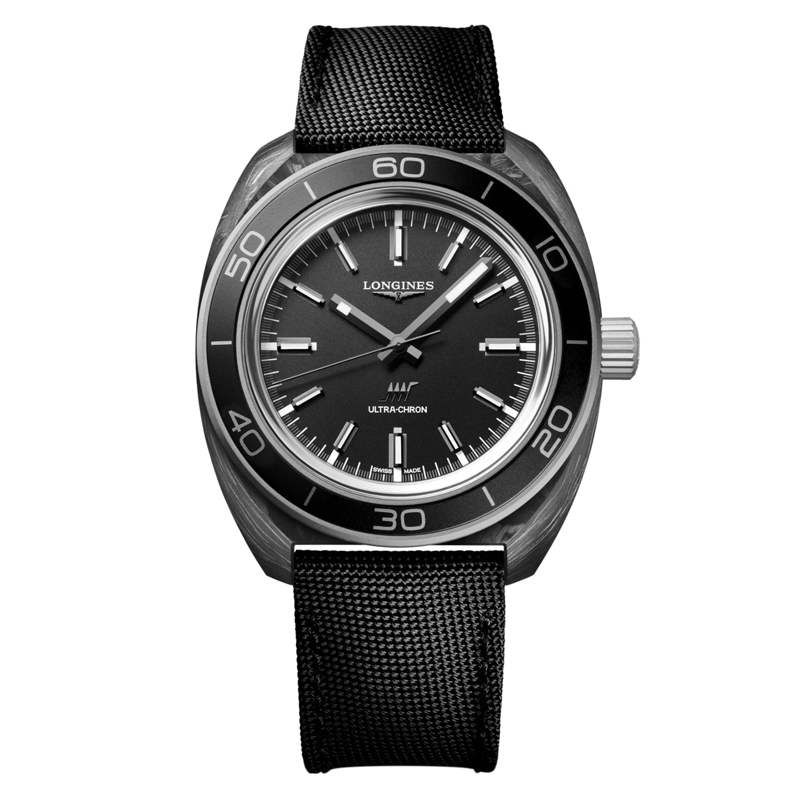 The Longines Ultra-Chron Carbon wristwatch features a black bezel, white hour markers, and a black fabric strap, displayed facing forward.