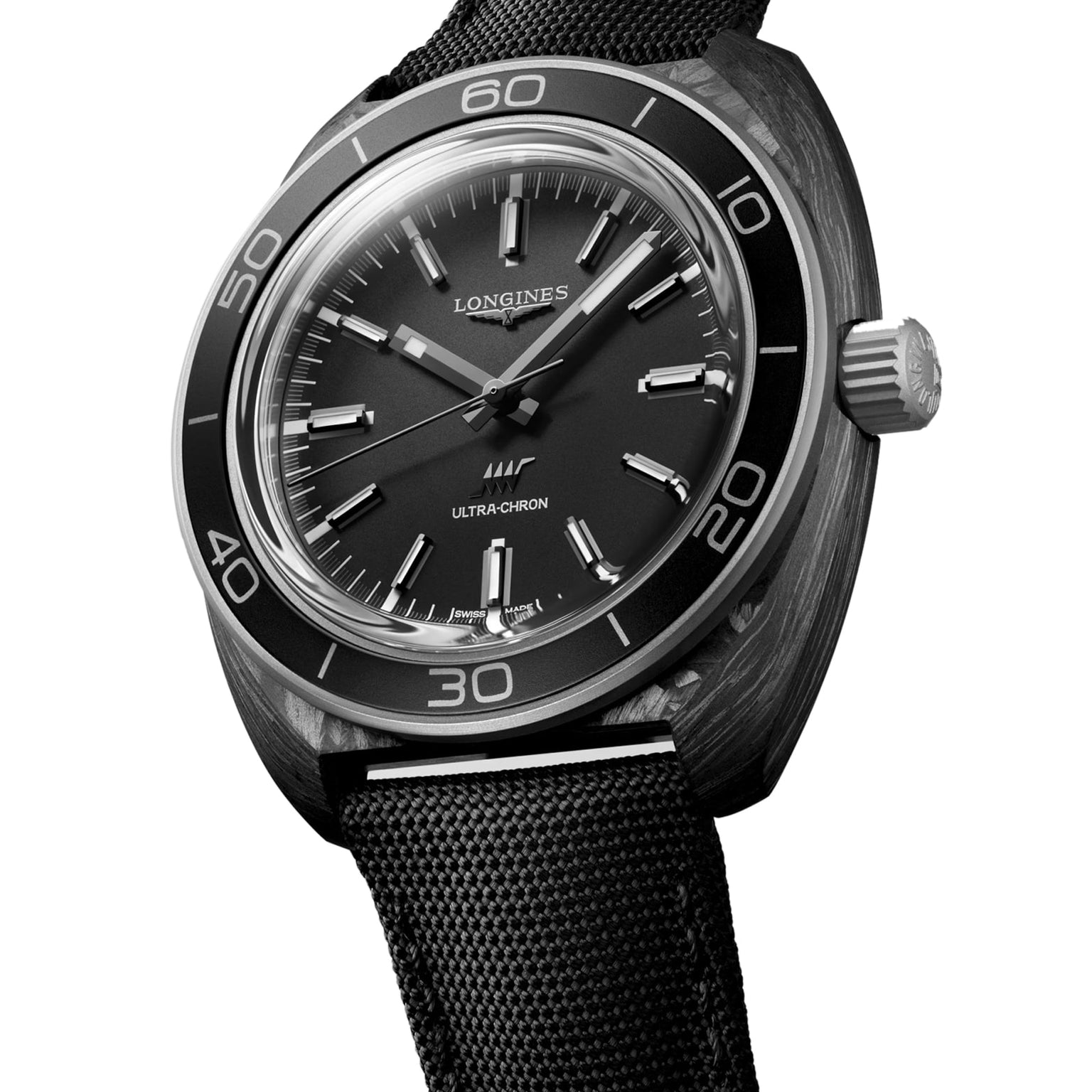 The Longines Ultra-Chron Carbon wristwatch, featuring a black dial, white markers, and a black textured strap, is shown at an angle to highlight its professional diving features and high-frequency movement.
