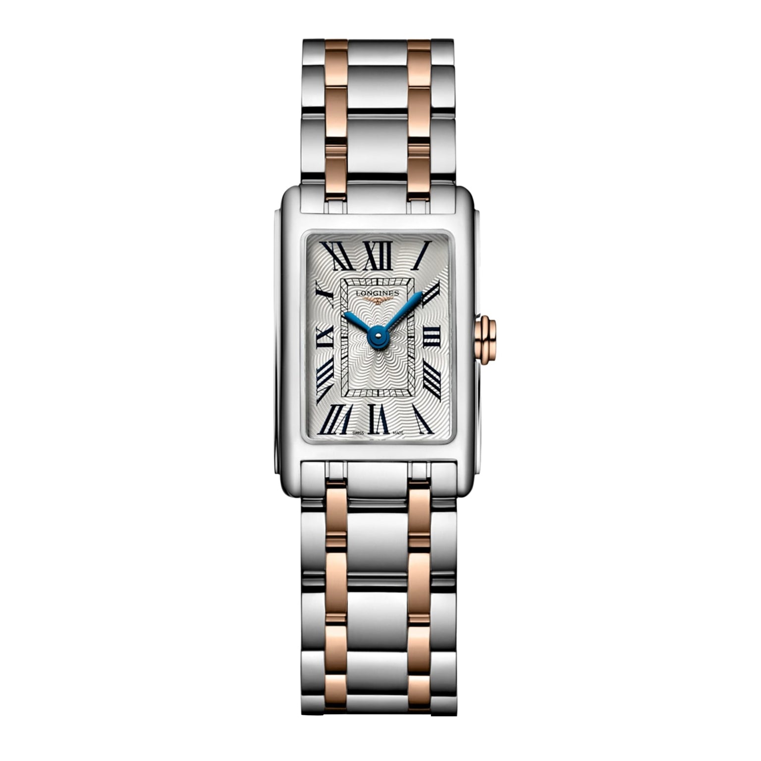 The Longines Dolcevite is a rectangular silver and rose gold wristwatch featuring Roman numerals and a two-tone metal bracelet.