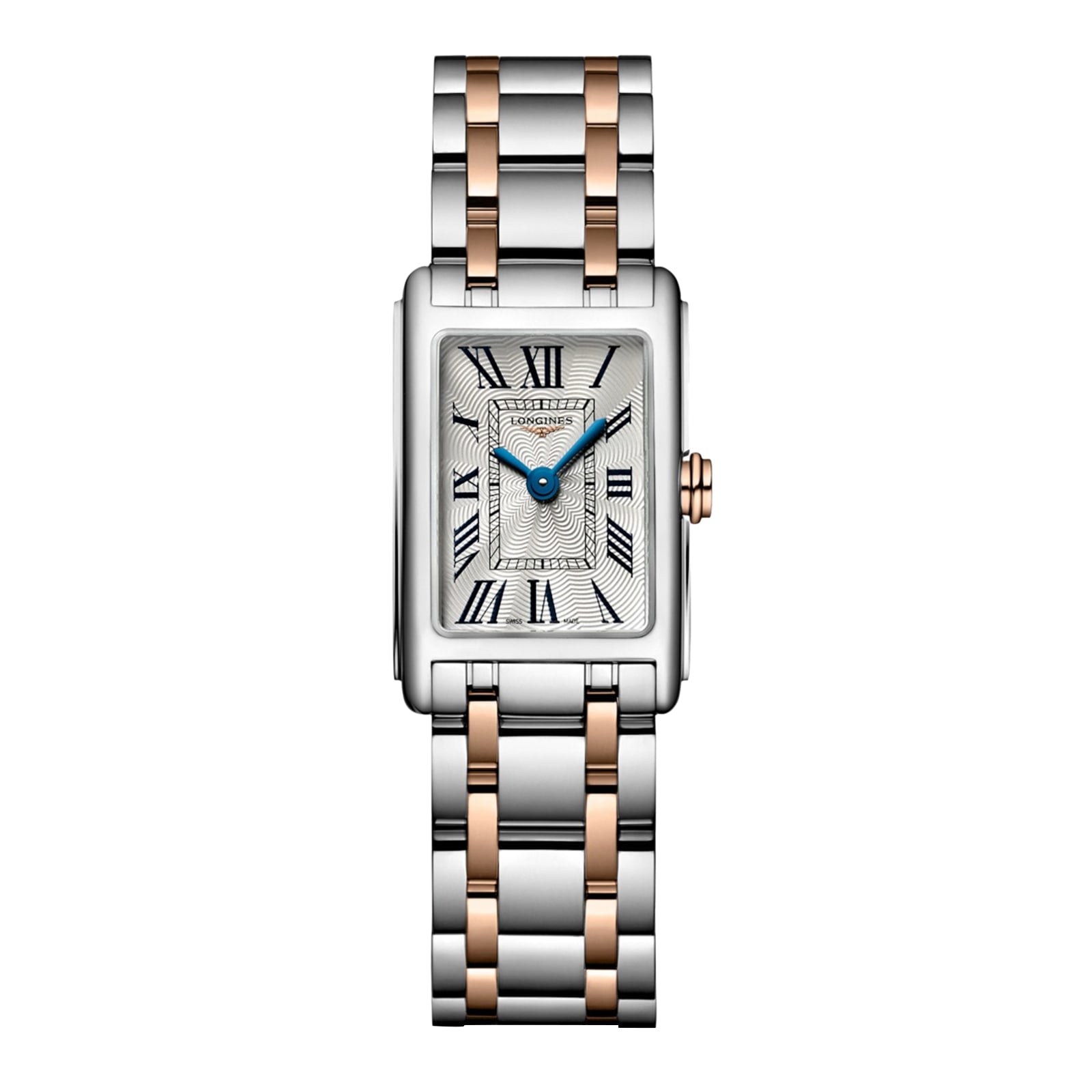 The Longines Dolcevite is a rectangular silver and rose gold wristwatch featuring Roman numerals and a two-tone metal bracelet.