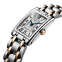 The Longines Dolcevite is a rectangular wristwatch in silver and rose gold, featuring blue hands, Roman numerals, and a textured white dial.