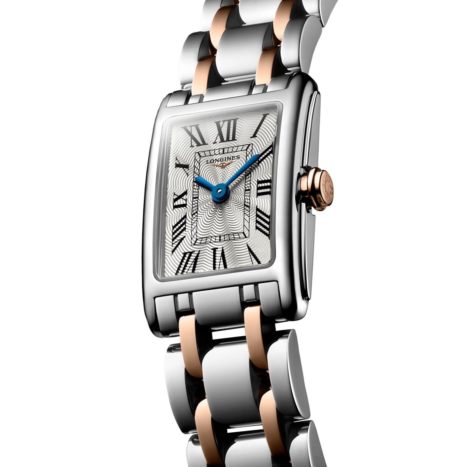 The Longines Dolcevite is a rectangular wristwatch in silver and rose gold, featuring Roman numerals and blue hands on a white dial.