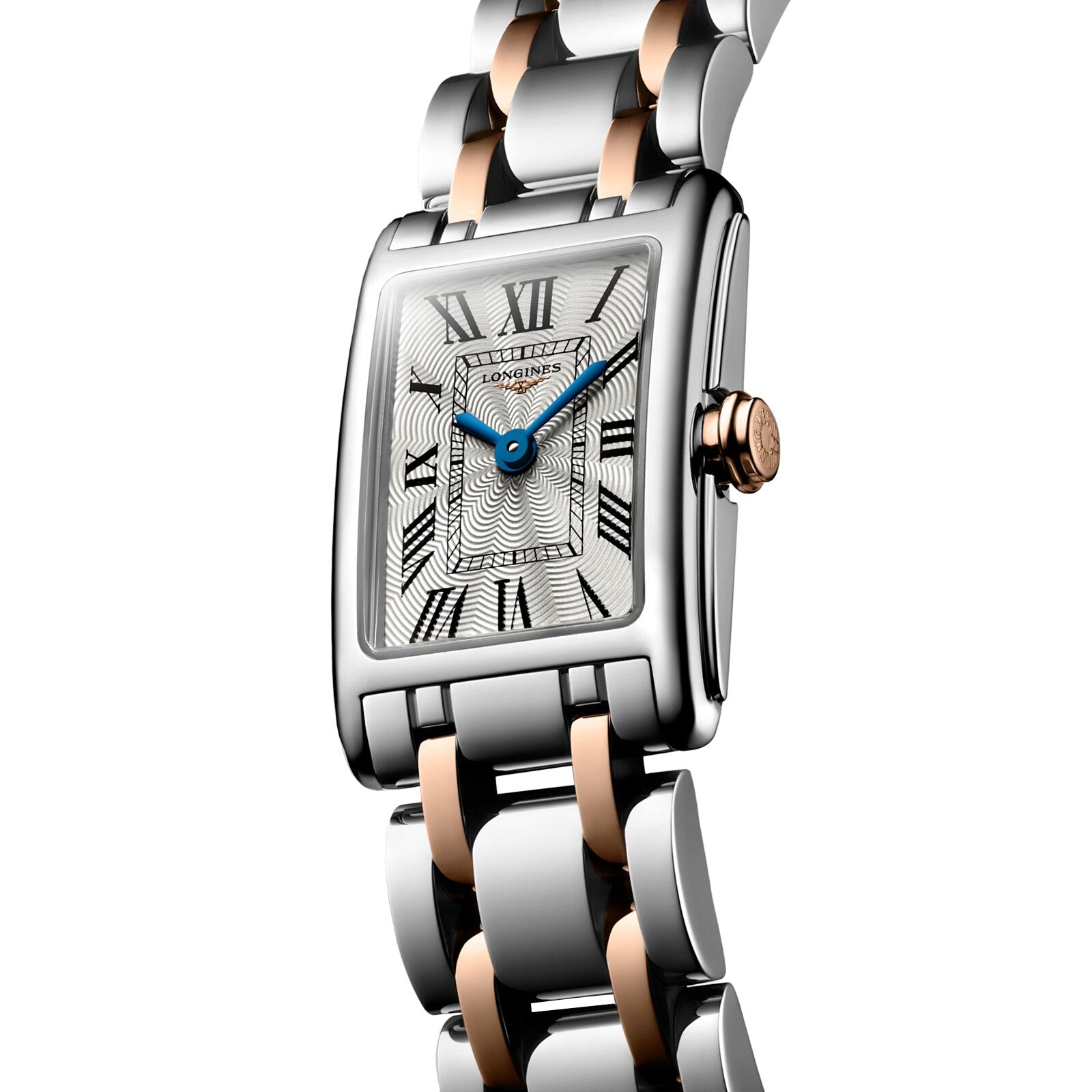 The Longines Dolcevite is a rectangular wristwatch in silver and rose gold, featuring Roman numerals and blue hands on a white dial.