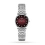 The La Grande Classique de LONGINES by Longines is a silver wristwatch with a woven metal band and a round burgundy dial accented by diamond hour markers and two hands.