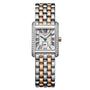 The Longines Mini Dolcevita is a rectangular two-tone watch with a diamond bezel, Roman numerals, and a silver dial on a metal link bracelet.