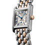 The Longines Mini Dolcevita features a rectangular face, Roman numerals, a diamond bezel, and an elegant two-tone design.