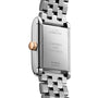 Back view of the Longines Mini Dolcevita watch featuring a stainless steel case, engraved details, and a gold crown.