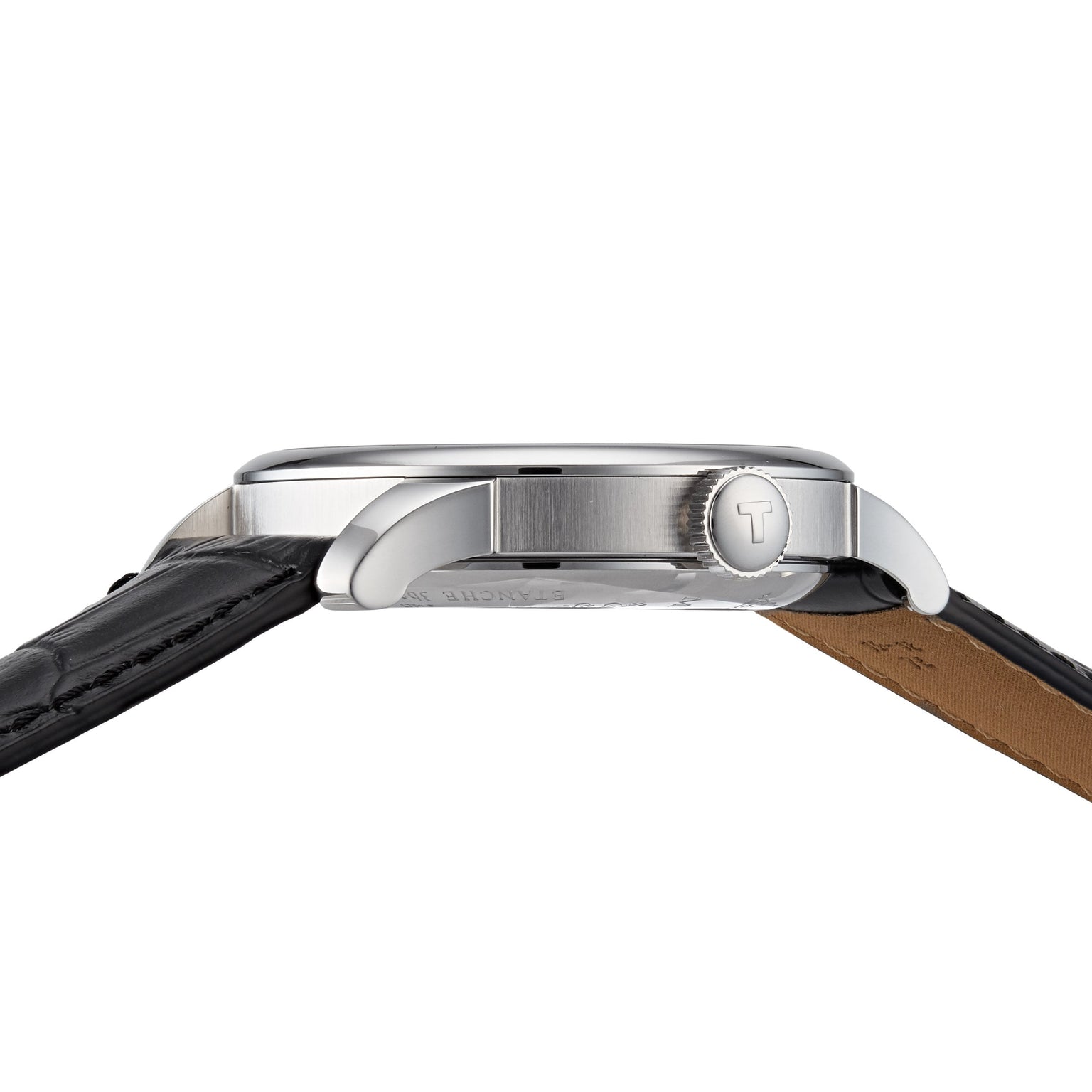 Side view of the Tissot Le Locle Powermatic 80, a silver wristwatch with a black leather strap and a crown engraved with T, inspired by Le Locle in the Swiss Jura Mountains.