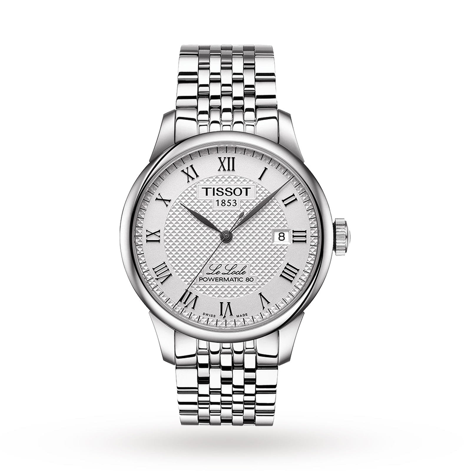 Tissot Le Locle Powermatic 80 wristwatch features a patterned white dial, Roman numeral markers, date window at 3 o’clock, and a stainless steel bracelet, inspired by the Swiss Jura Mountains.