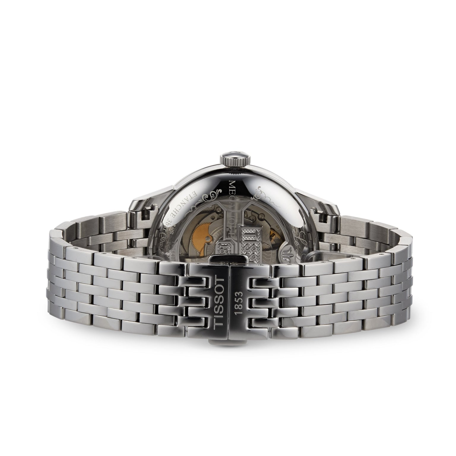 Rear view of a silver Tissot Le Locle Powermatic 80 wristwatch with a metal bracelet, featuring an open case back that reveals its Swiss-crafted movement.