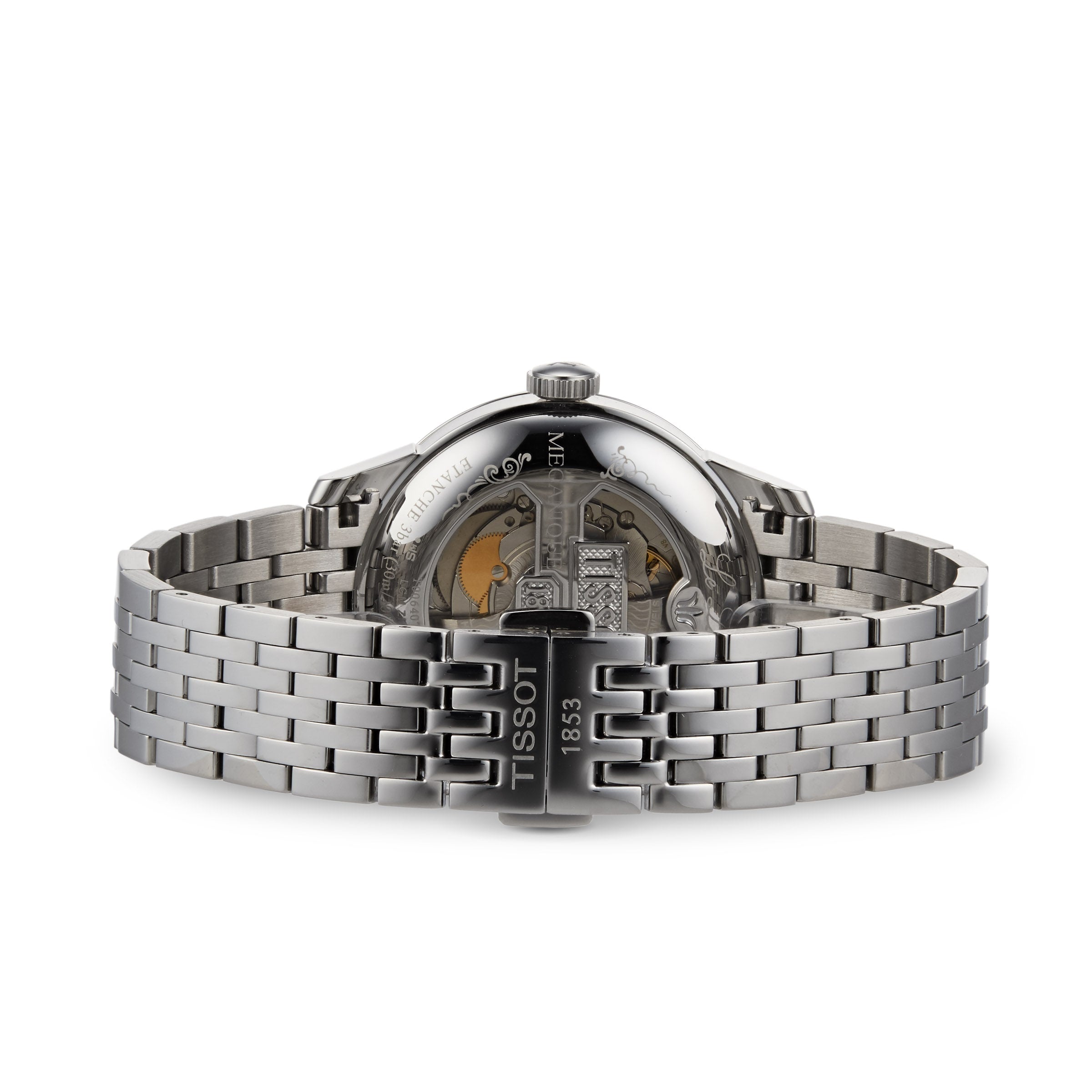 Rear view of a silver Tissot Le Locle Powermatic 80 wristwatch with a metal bracelet, featuring an open case back that reveals its Swiss-crafted movement.