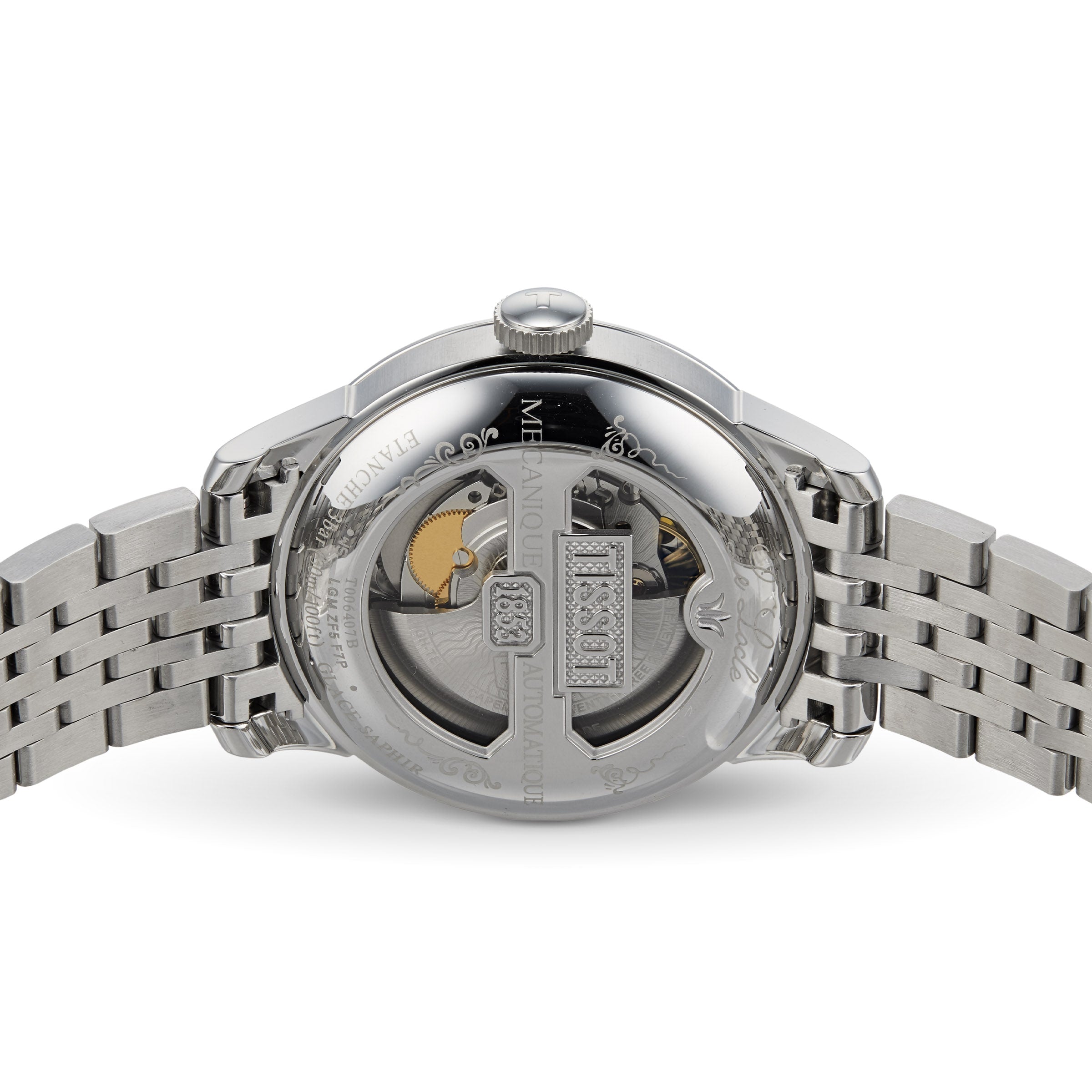 Close-up of the Tissot Le Locle Powermatic 80’s silver caseback, revealing its automatic movement and engraved details, inspired by the Swiss Jura craftsmanship.