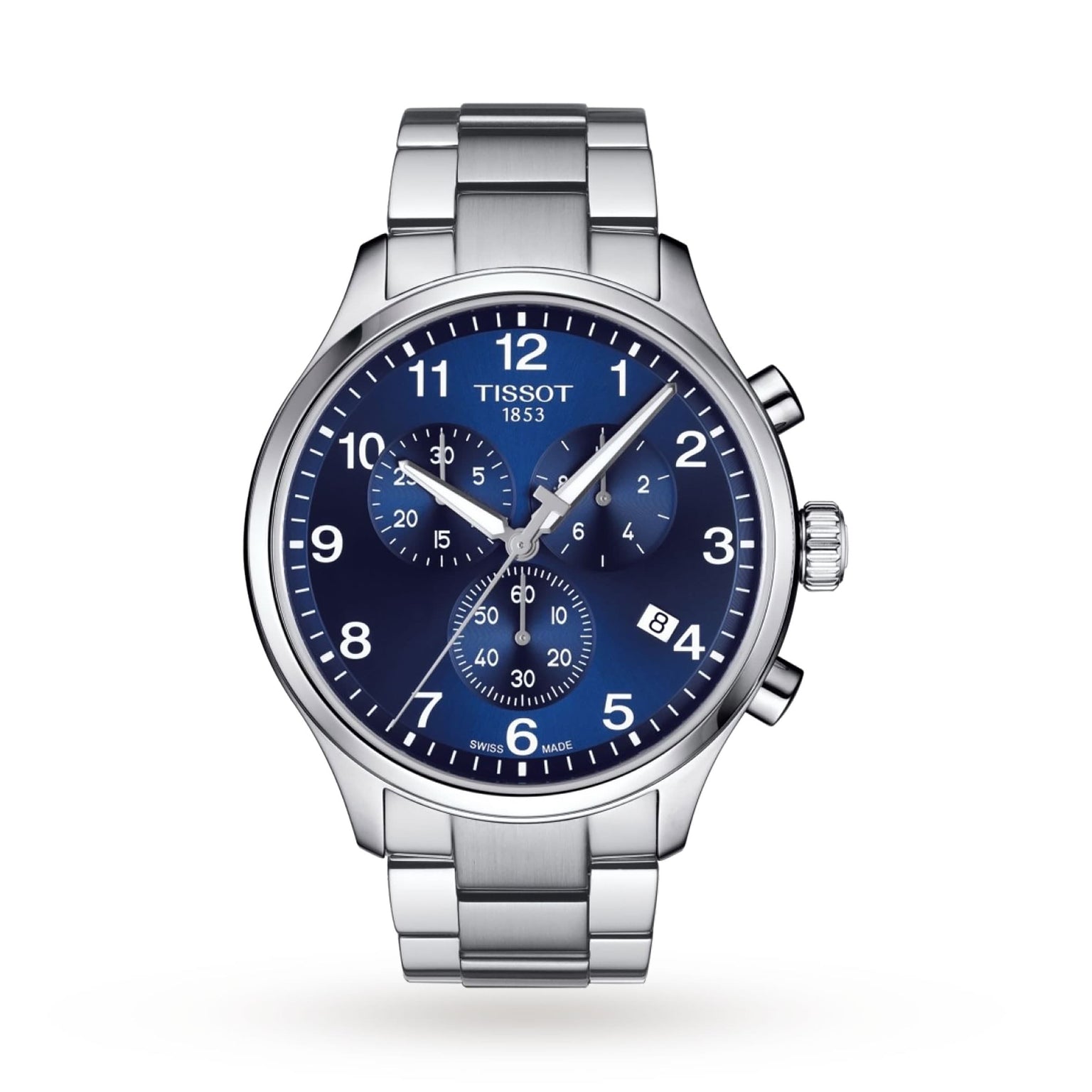 The Tissot Chrono XL Classic is a stainless steel chronograph watch with a blue dial, three subdials, numbered markers, and a date window at 4 o’clock, powered by Swiss quartz movement and shown on a white background.