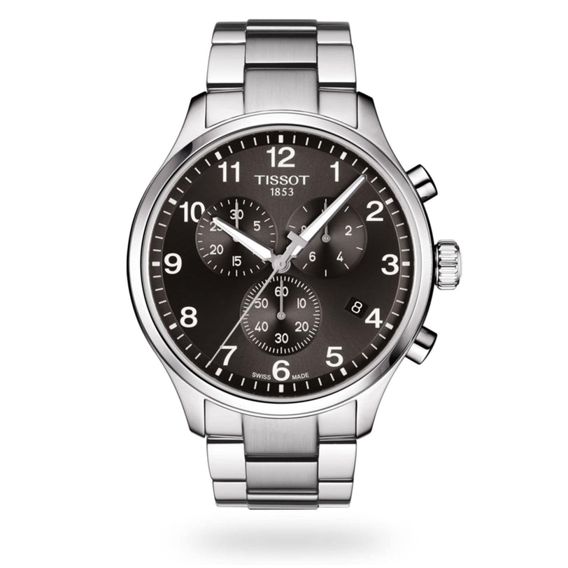 A Tissot Chrono XL Classic stainless steel chronograph wristwatch with Swiss technology, black dial, three subdials, white numerals, date window, and a metal link bracelet.