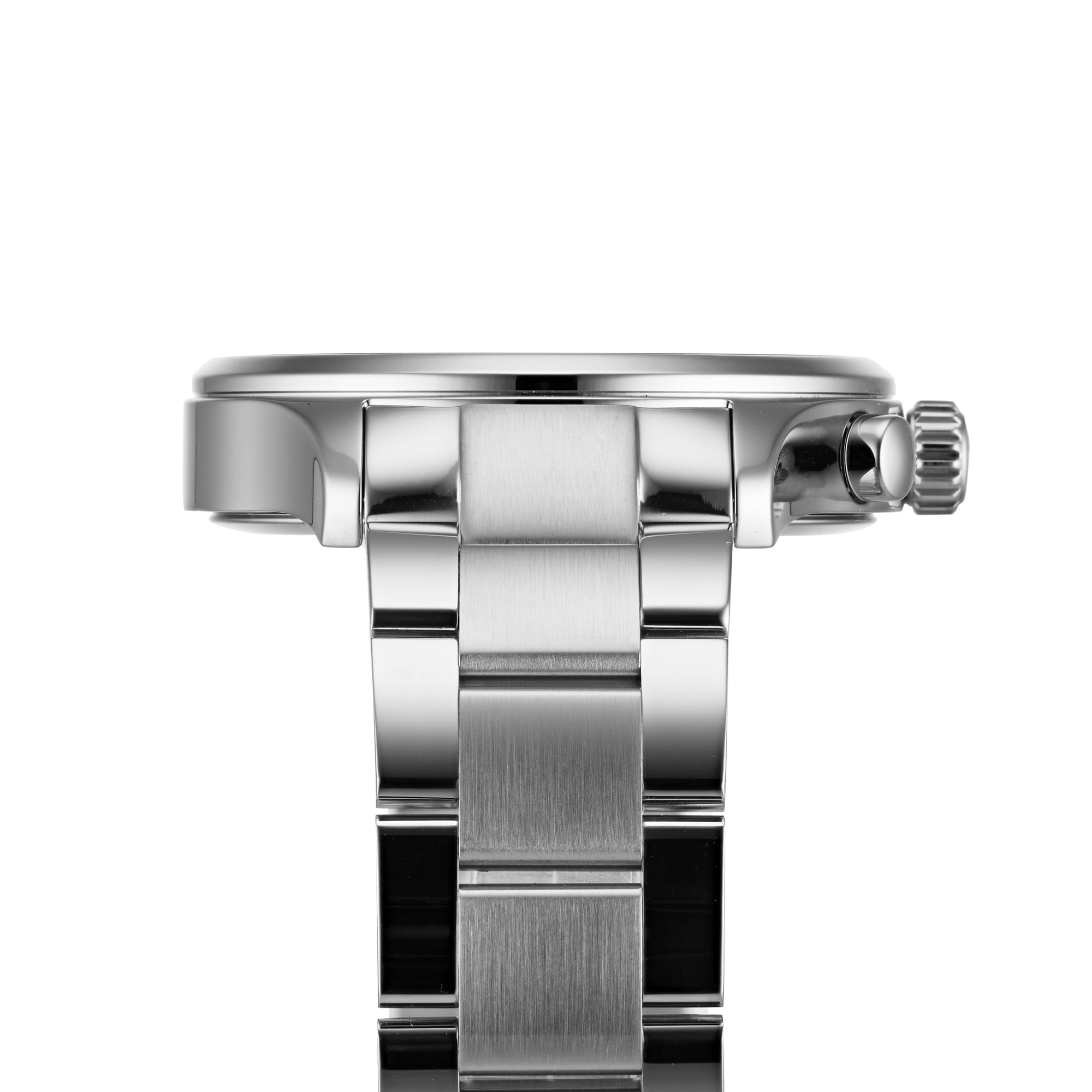 Side view of the Tissot Chrono XL Classic wristwatch with Swiss technology, stainless steel case, metal link bracelet, and prominent crown, shown against a white background.