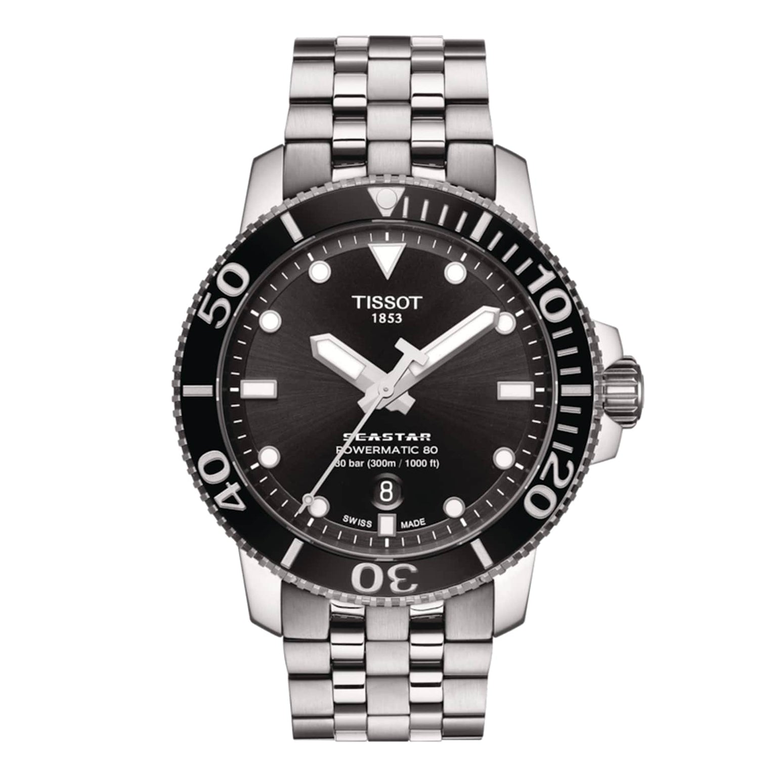 Tissot Seastar 1000 Powermatic 80 watch featuring a silver metal link band, black bezel and dial, and date display.