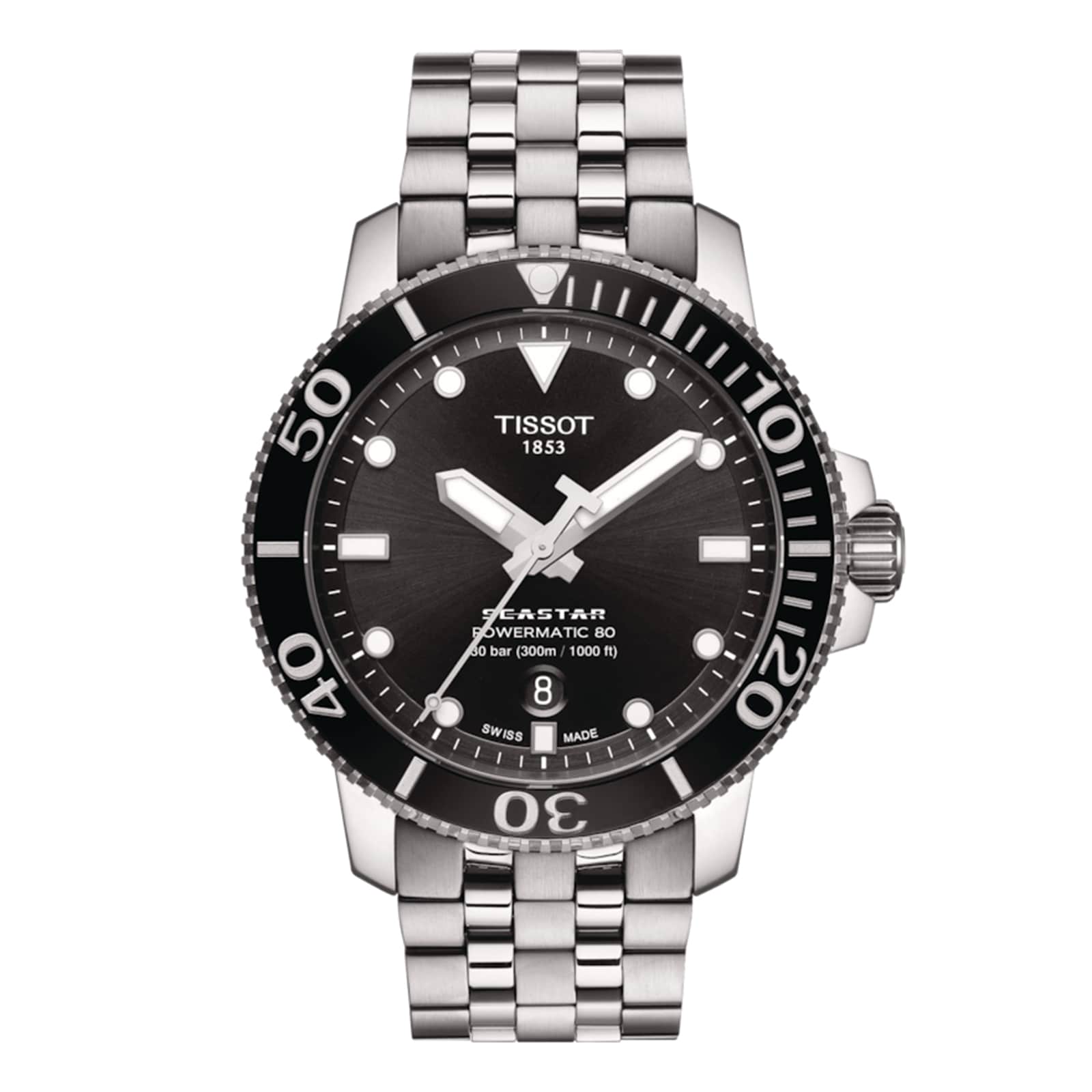 Tissot Seastar 1000 Powermatic 80 watch featuring a silver metal link band, black bezel and dial, and date display.