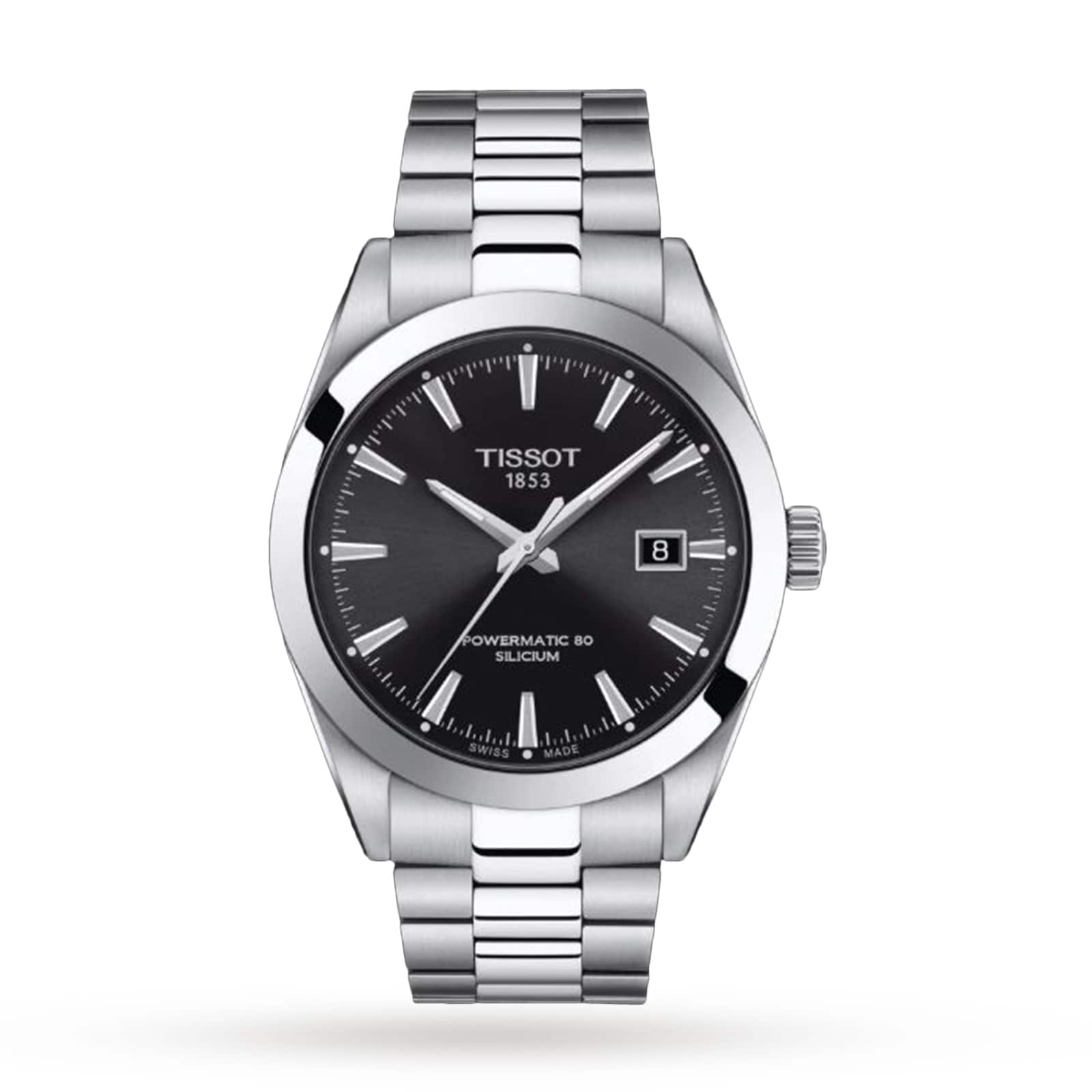 The Tissot Gentleman Powermatic 80 Silicium features a stainless steel case, black dial, date at 3 o’clock, and a silver bracelet—an elegant showcase of Tissot craftsmanship.