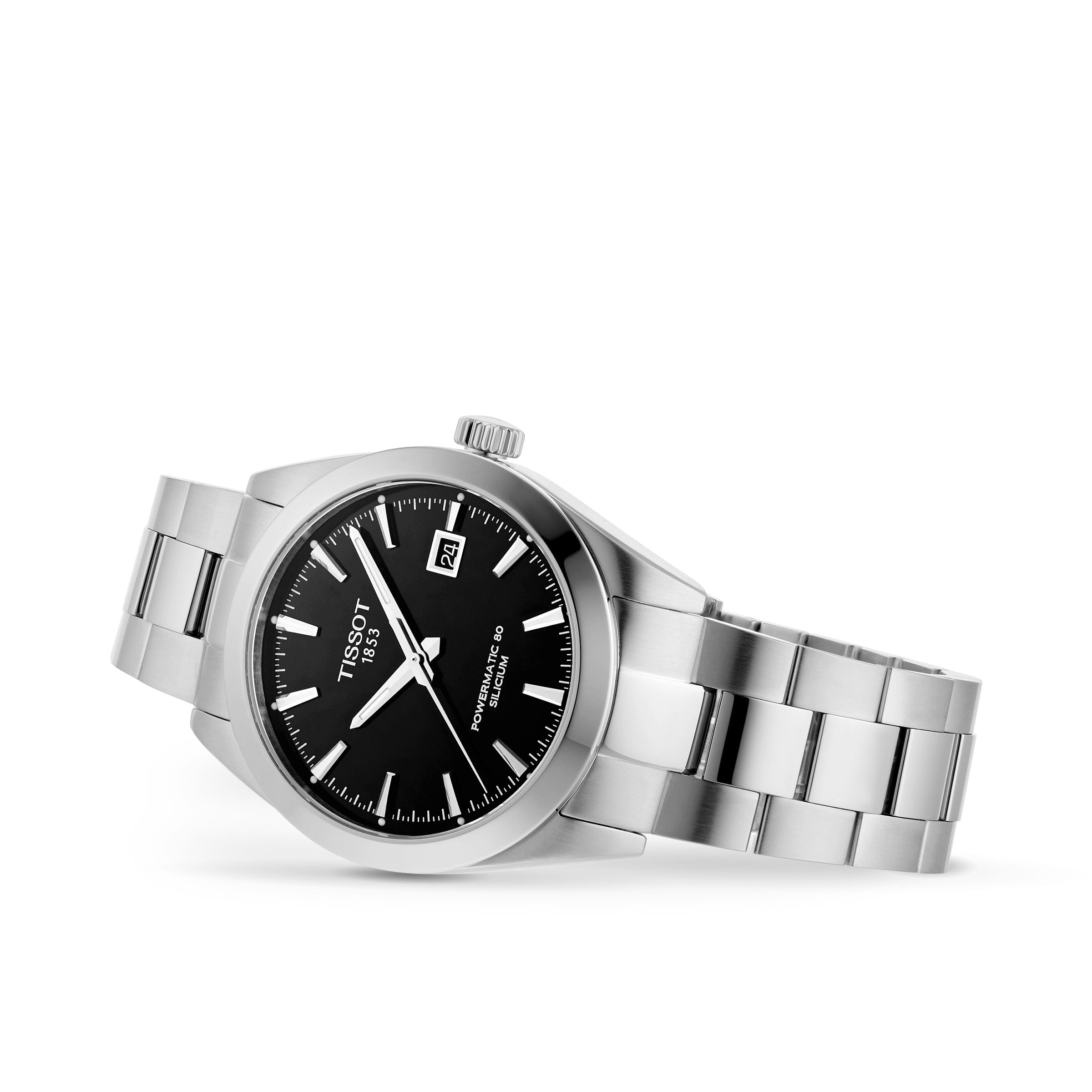 The Tissot Gentleman Powermatic 80 Silicium is a stainless steel wristwatch featuring a black dial, silver markers, and a date display on a white background.