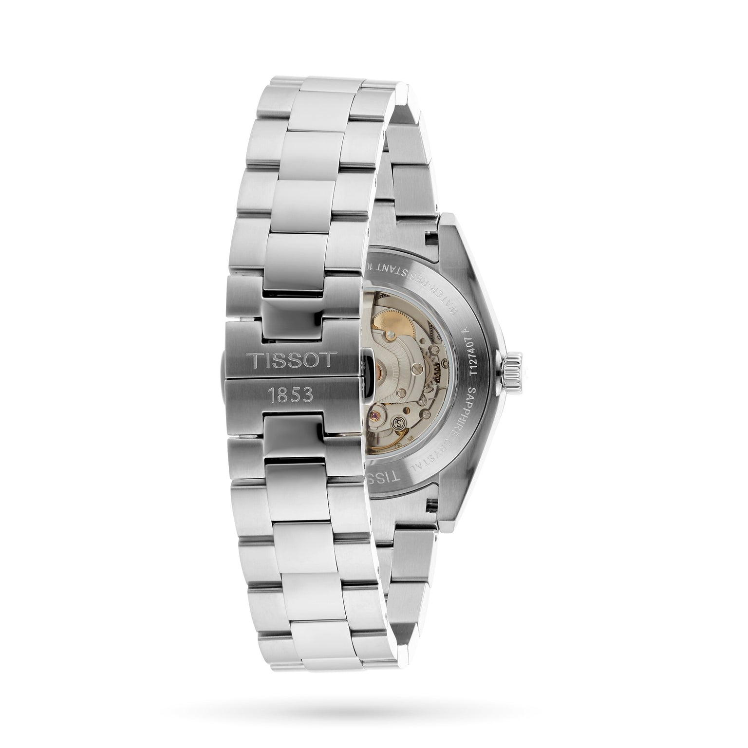 A close-up of the Tissot Gentleman Powermatic 80 Silicium showcases its stainless steel bracelet with engraved clasp, transparent case back, and the precise Powermatic 80 movement within the stainless steel case.