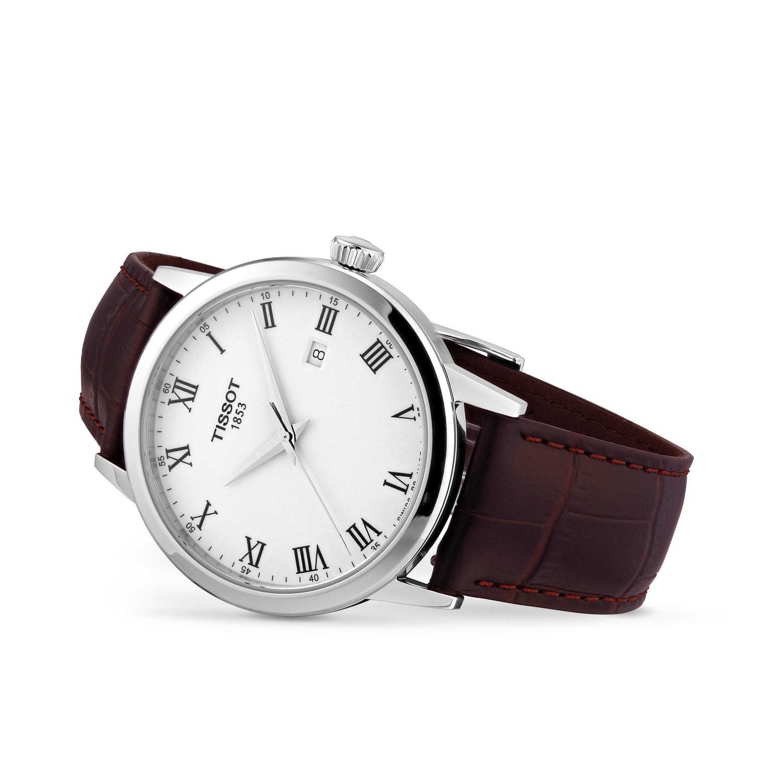 The Tissot Classic Dream features a white dial with black Roman numerals, date display, Swiss quartz movement, and a brown leather strap.