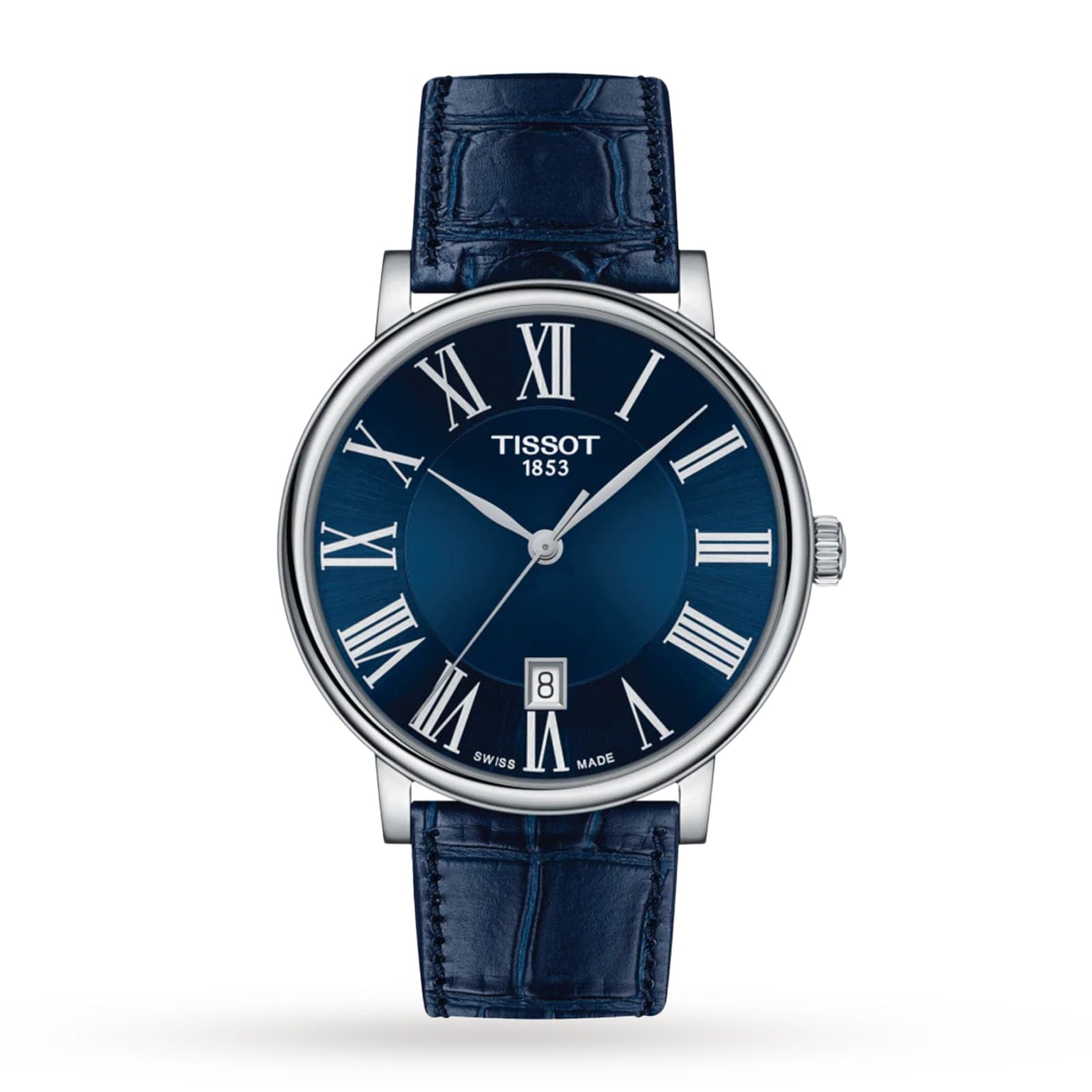 The Tissot Carson Premium wristwatch features a blue leather strap, blue dial with white Roman numerals, silver casing, sapphire crystal glass, and a date display at 6 o’clock.