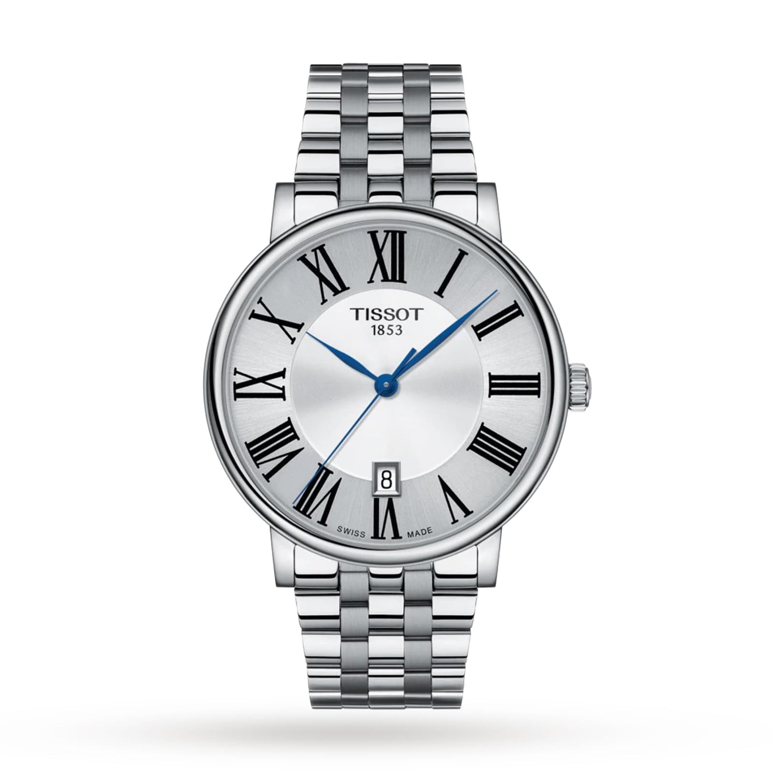 The Tissot Carson Premium is a silver wristwatch with a metal bracelet, Roman numeral markers, blue hands, and a date window at 6 o’clock, offering quartz precision on a white dial—an elegant choice in luxury timepieces.