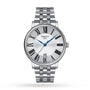 The Tissot Carson Premium is a silver wristwatch with a metal bracelet, Roman numeral markers, blue hands, and a date window at 6 o’clock, offering quartz precision on a white dial—an elegant choice in luxury timepieces.