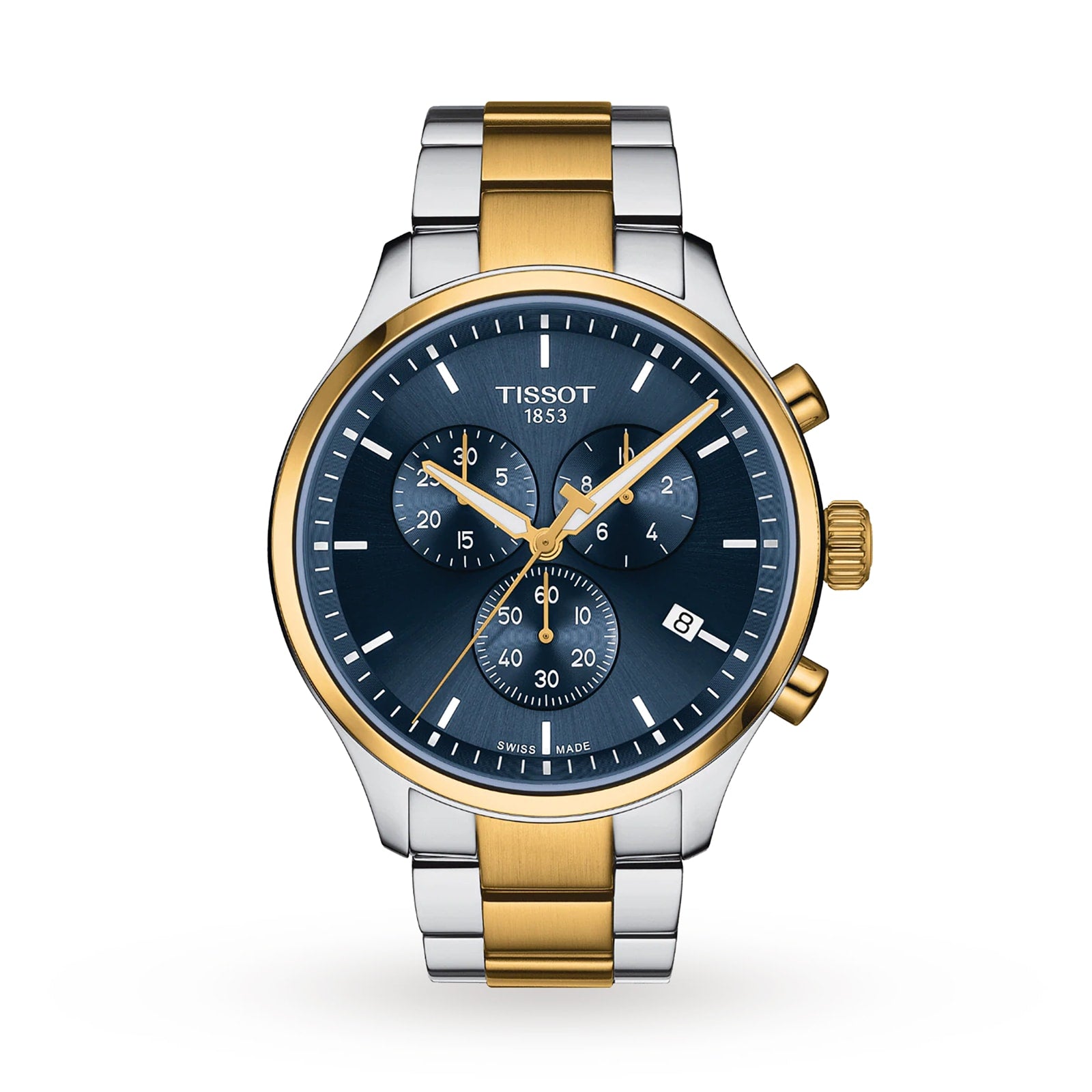 The Tissot Chrono XL Classic features a blue dial, gold and silver metal band, gold crown and pushers, three subdials, and a date window at 4 o’clock—ideal for fans of sporty yet elegant timepieces.