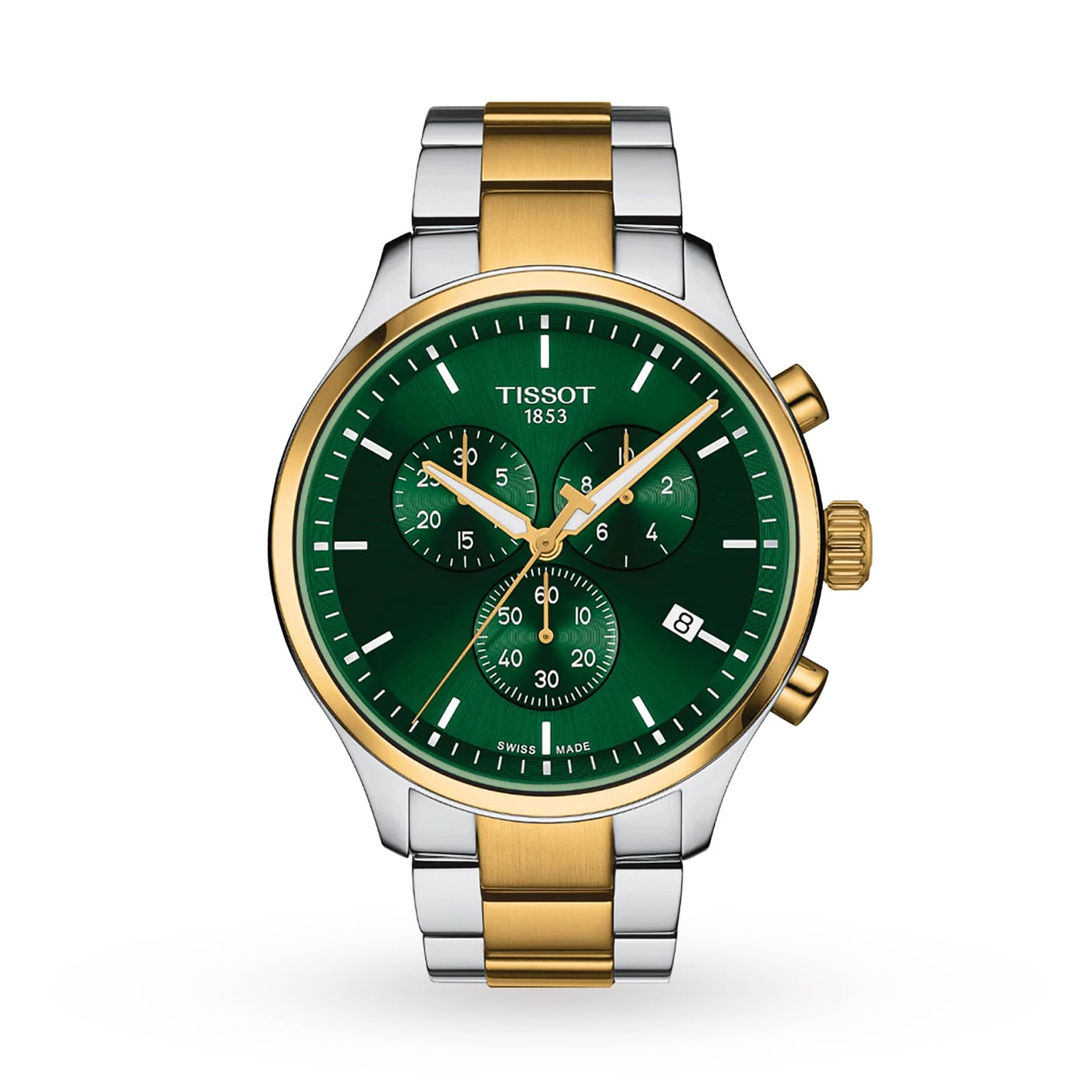 The Tissot Chrono XL Classic features a green dial, gold and silver stainless steel band, water-resistant stainless steel case, three subdials, and a date display.