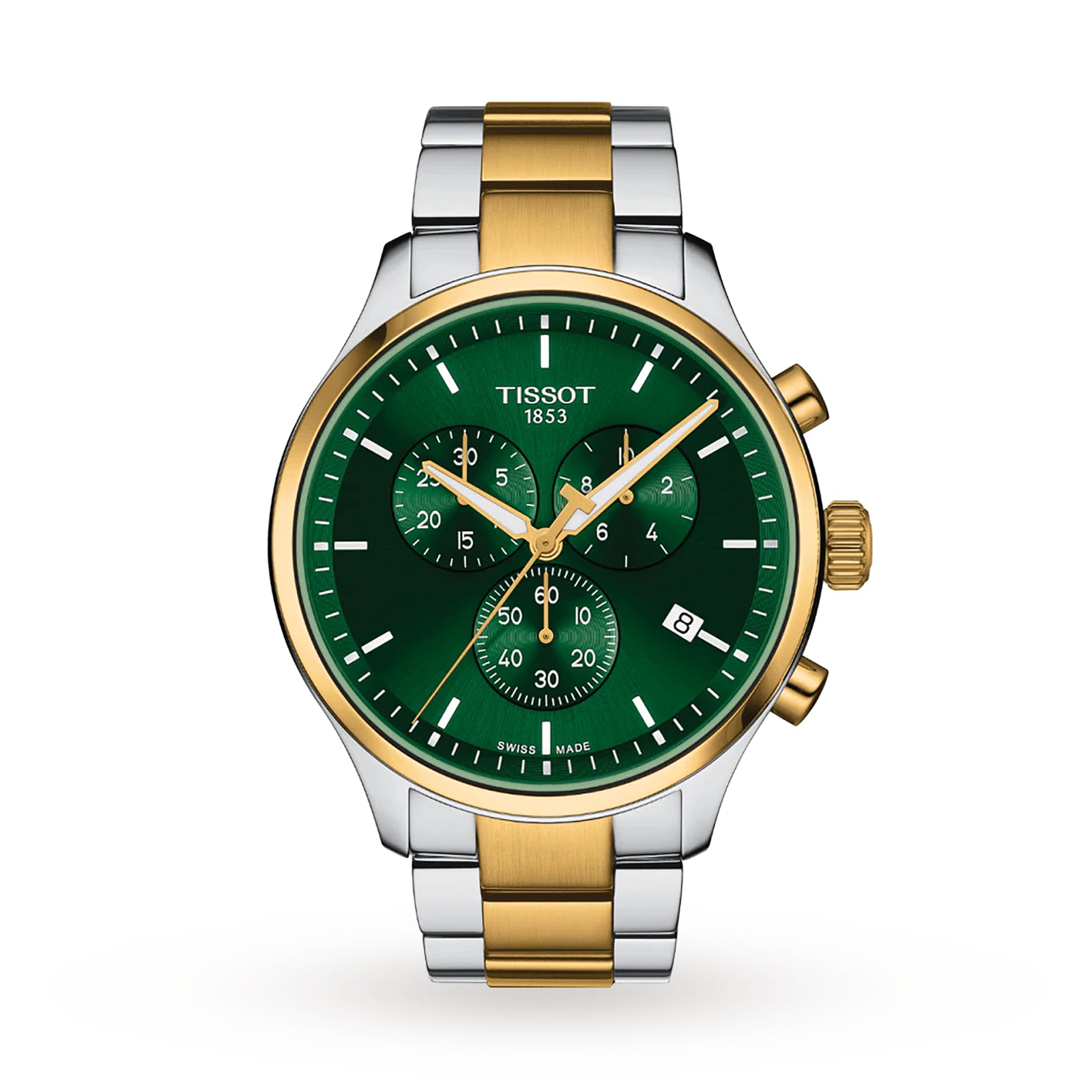 The Tissot Chrono XL Classic features a green dial, gold and silver stainless steel band, water-resistant stainless steel case, three subdials, and a date display.