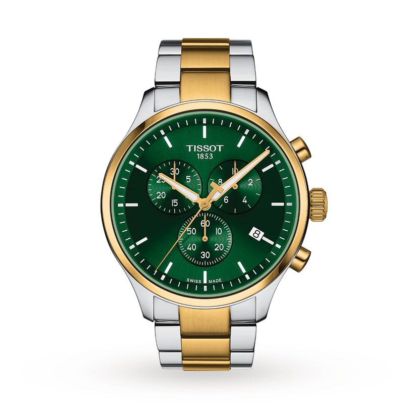 The Tissot Chrono XL Classic features a green dial, gold and silver stainless steel band, water-resistant stainless steel case, three subdials, and a date display.
