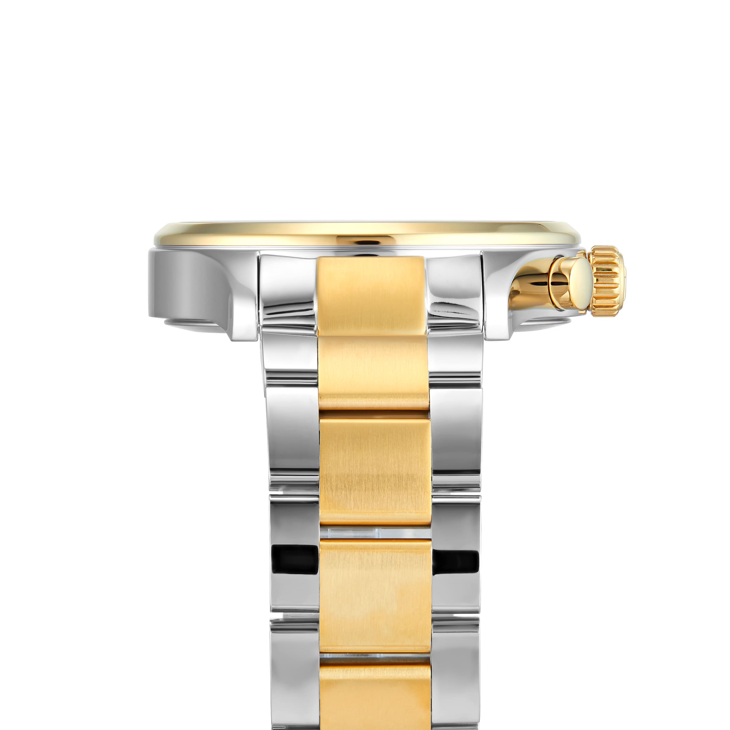 Close-up side view of the Tissot Chrono XL Classic, a luxury wristwatch with a stainless steel case, two-tone silver and gold band, gold crown and bezel; this elegant timepiece is water resistant for daily reliability.