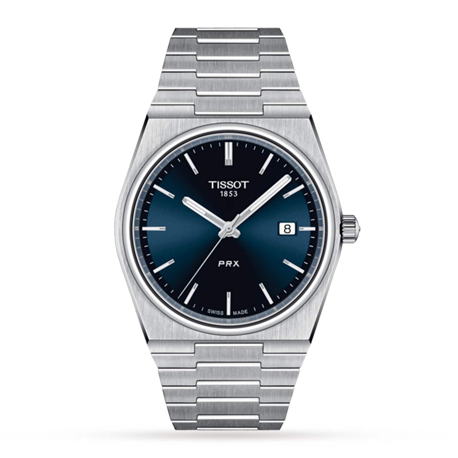 The Tissot PRX is a stainless steel wristwatch featuring a blue dial, silver hour markers, date at 3 o’clock, metal bracelet, and Swiss quartz movement, all inspired by sleek 1970s design.