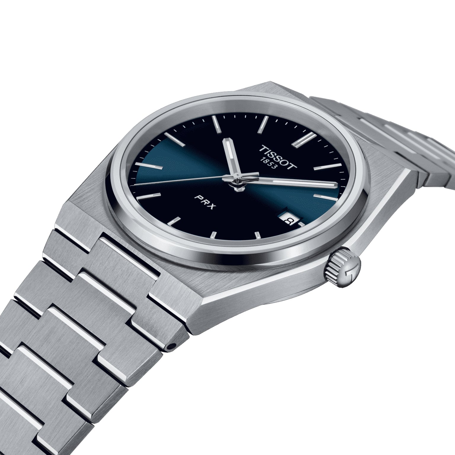 The Tissot PRX is a stainless steel wristwatch featuring a blue to black gradient dial, silver hour markers, date display, 1970s-inspired design, and Swiss quartz movement.