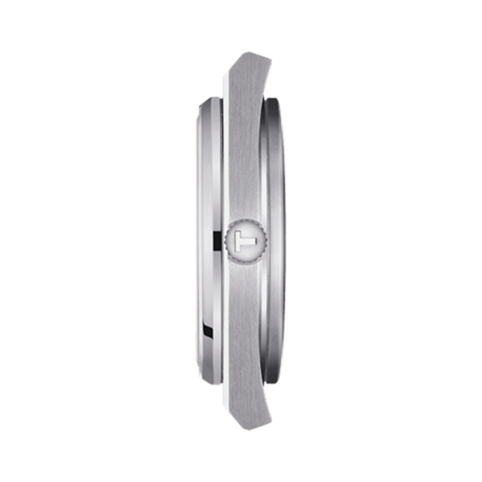 Side view of the Tissot PRX wristwatch case with a round crown, slim profile, brushed metal finish, and 1970s-inspired design against a white background.