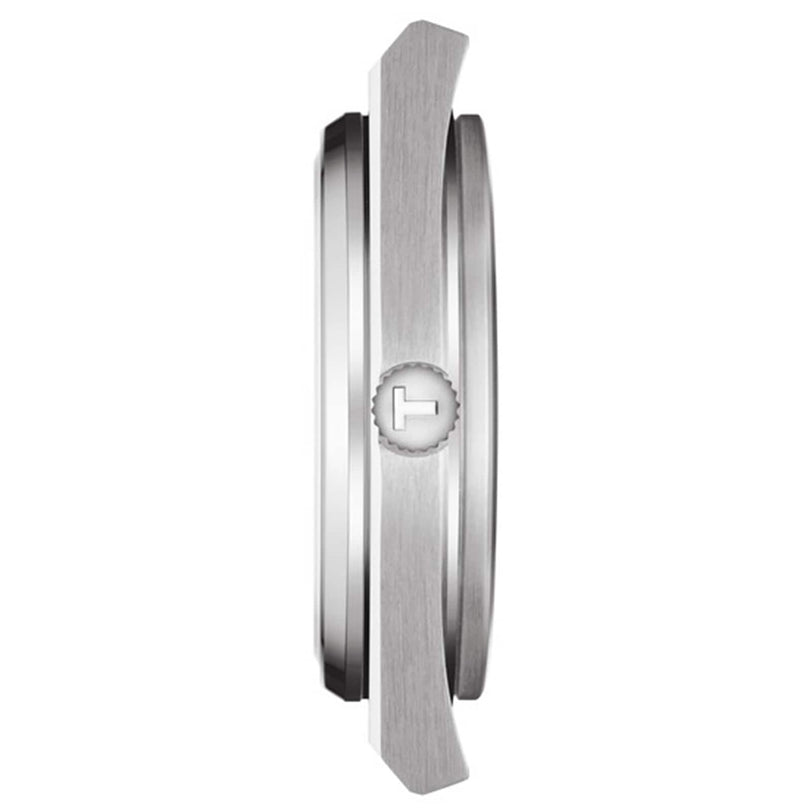 Side view of the Tissot PRX, highlighting its stainless steel case and a textured crown engraved with the letter T—an embodiment of classic Swiss craftsmanship.