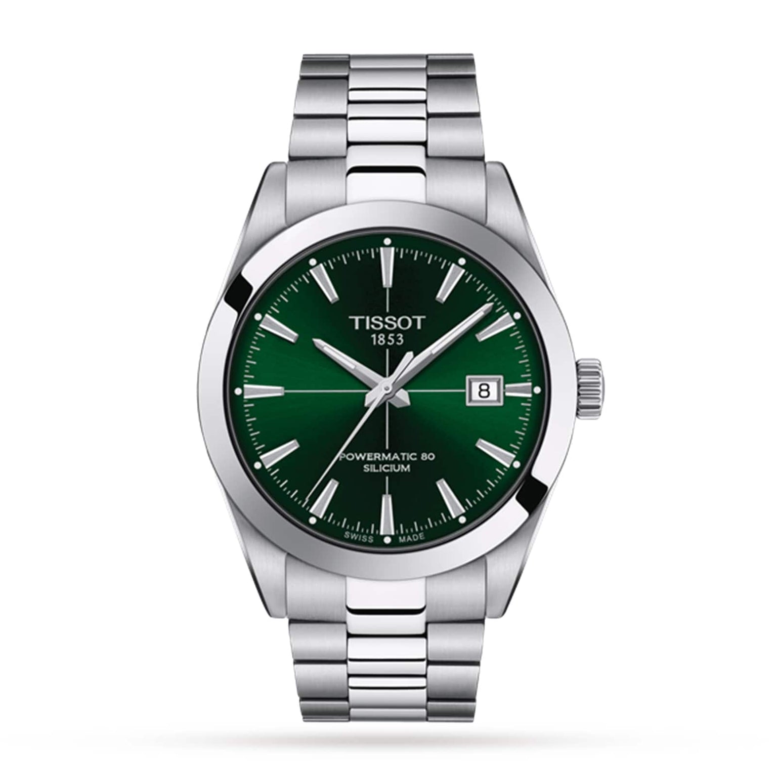 The Tissot Gentleman Powermatic 80 Silicium features a green dial, silver hour markers, date window at 3 oclock, and a stainless steel bracelet.