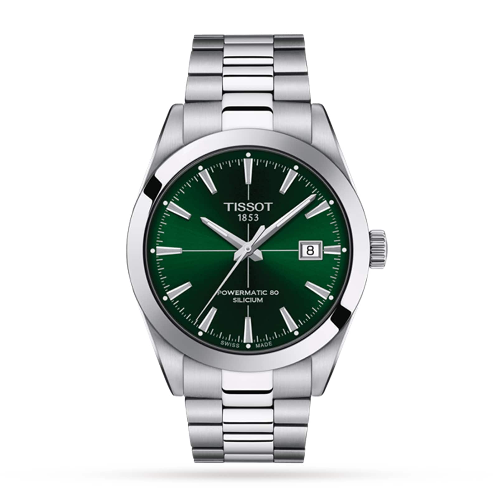 The Tissot Gentleman Powermatic 80 Silicium features a green dial, silver hour markers, date window at 3 oclock, and a stainless steel bracelet.