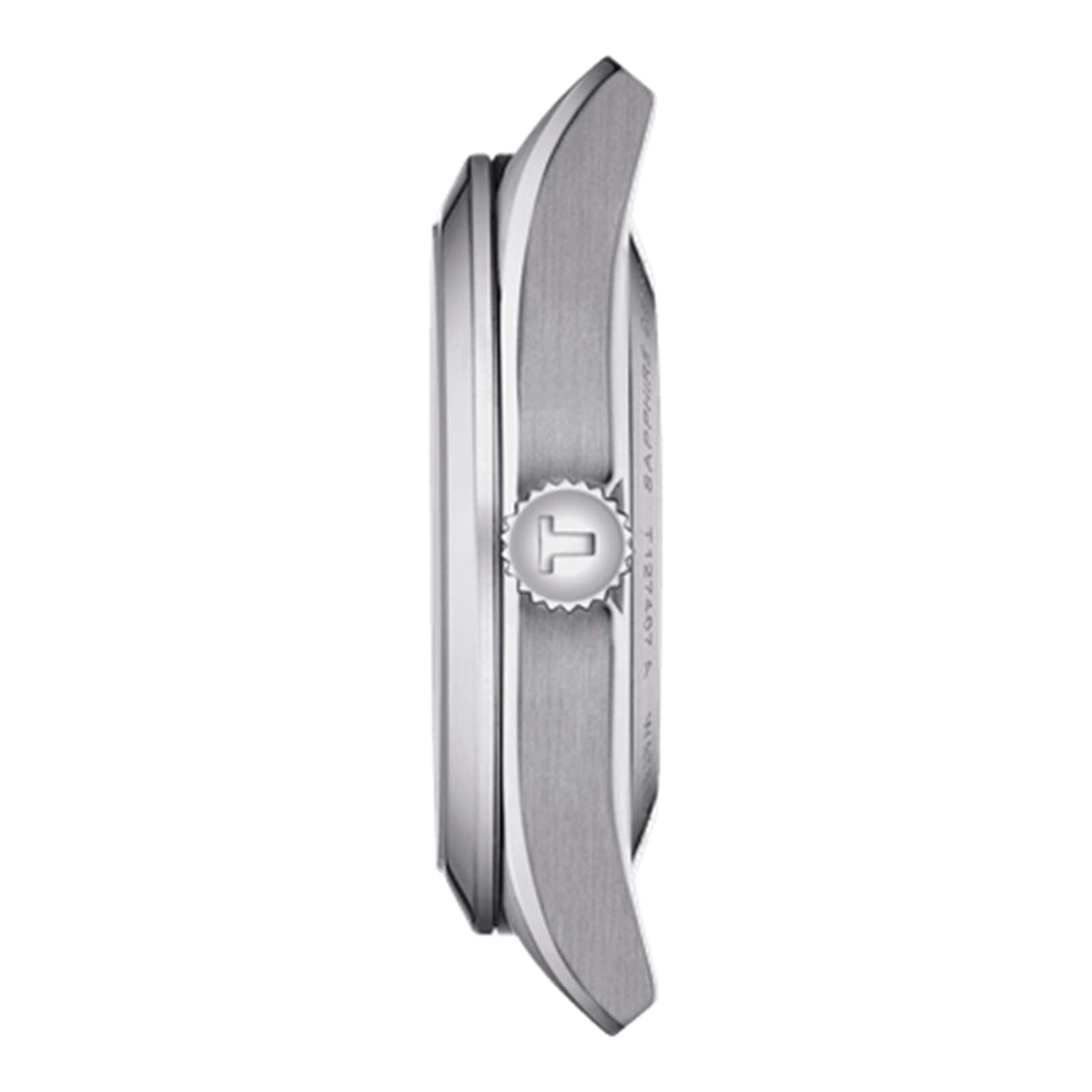 Side view of the Tissot Gentleman Powermatic 80 Silicium watch case, showing a brushed stainless steel finish, T-logo crown, and slightly domed glass crystal—highlighting Tissot’s refined craftsmanship.