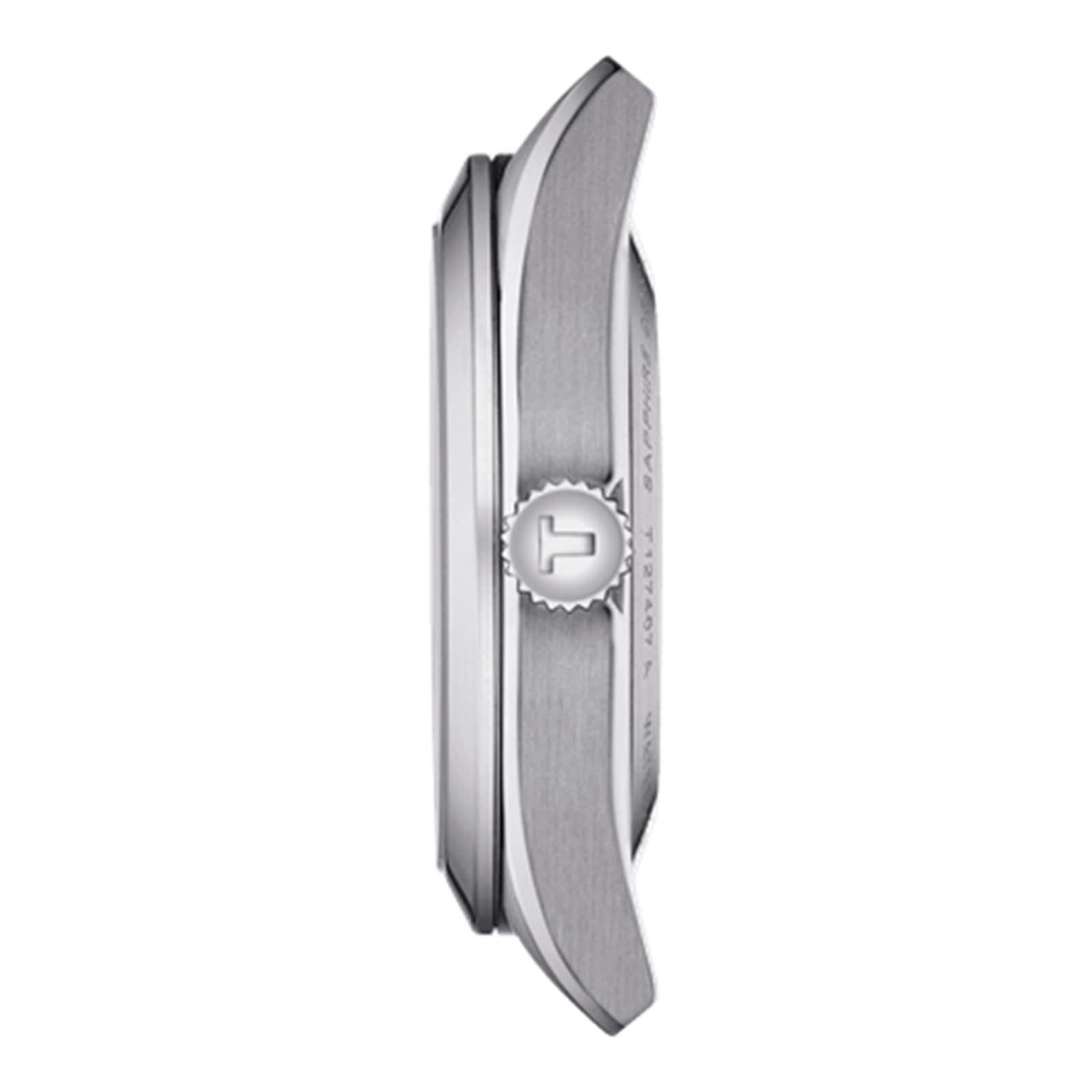 Side view of the Tissot Gentleman Powermatic 80 Silicium watch case, showing a brushed stainless steel finish, T-logo crown, and slightly domed glass crystal—highlighting Tissot’s refined craftsmanship.