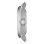 Side view of the Tissot Gentleman Powermatic 80 Silicium watch case, showing a brushed stainless steel finish, T-logo crown, and slightly domed glass crystal—highlighting Tissot’s refined craftsmanship.