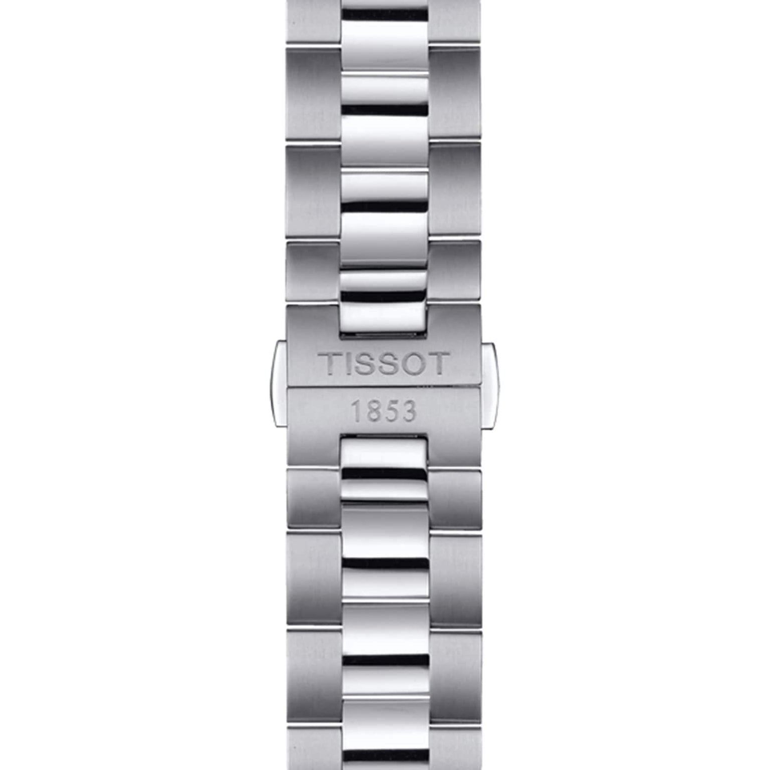 Stainless steel bracelet with polished and brushed links, featuring an engraved TISSOT 1853 clasp—designed to complement Tissot watches like the Gentleman Powermatic 80 Silicium.