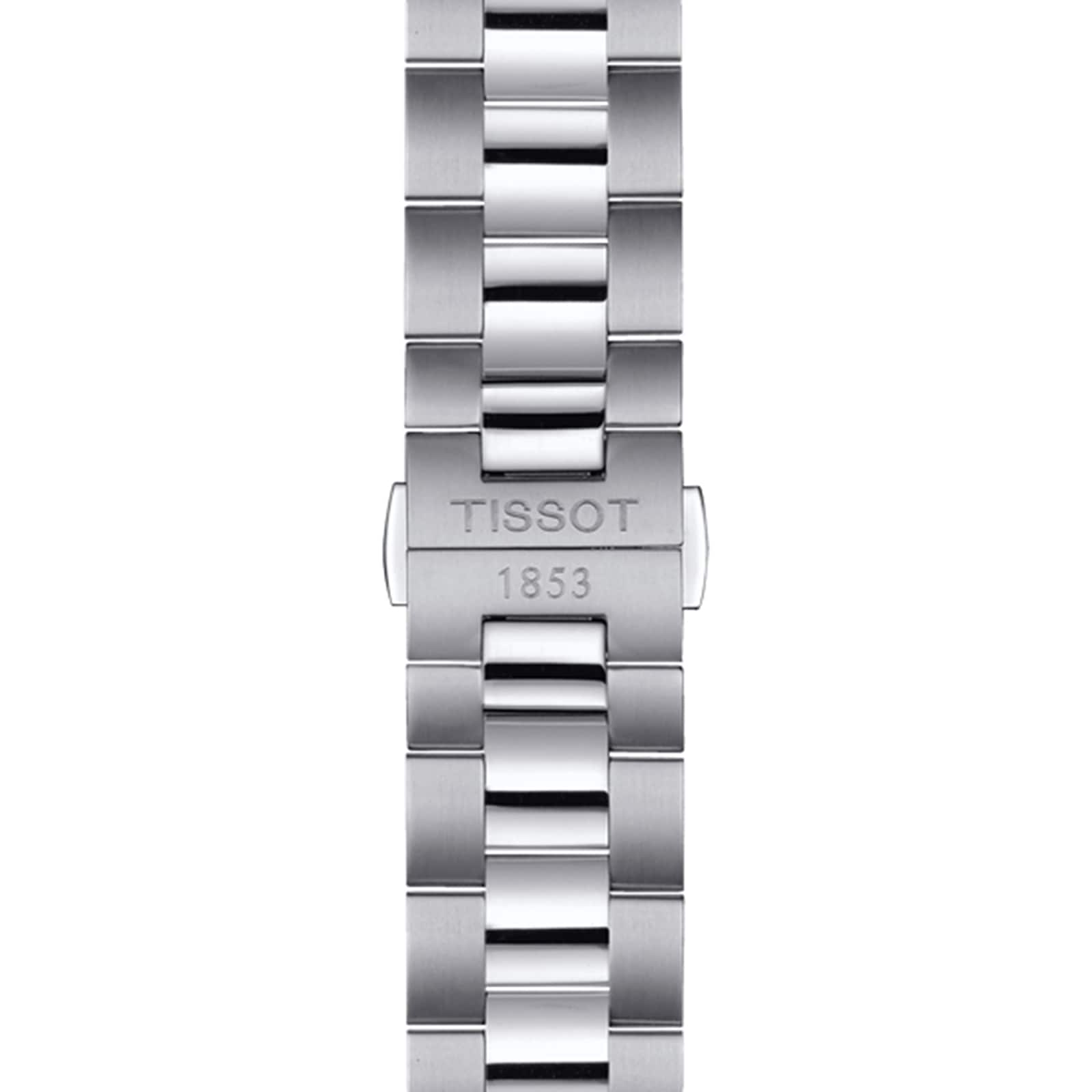 Stainless steel bracelet with polished and brushed links, featuring an engraved TISSOT 1853 clasp—designed to complement Tissot watches like the Gentleman Powermatic 80 Silicium.