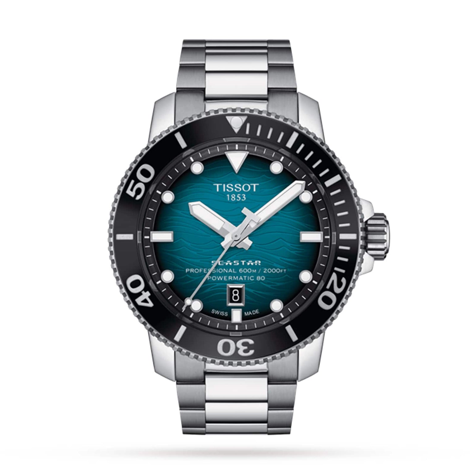 The Tissot Seastar 2000 Professional Powermatic 80 is a stainless steel diver’s watch with a teal textured dial, black bezel, Powermatic 80 movement, date at 6 o’clock, and bold white hour markers.