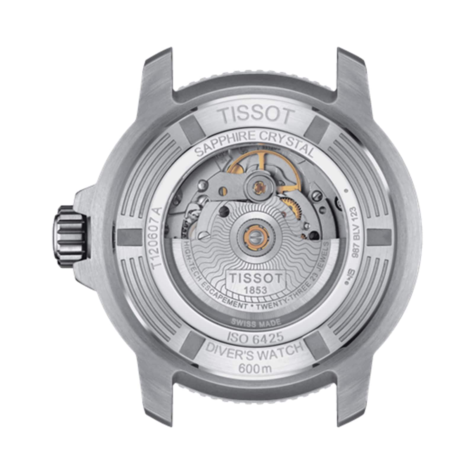 Back view of the Tissot Seastar 2000 Professional Powermatic 80, displaying its exposed Powermatic 80 automatic movement, engraved details, and a sapphire crystal case back.