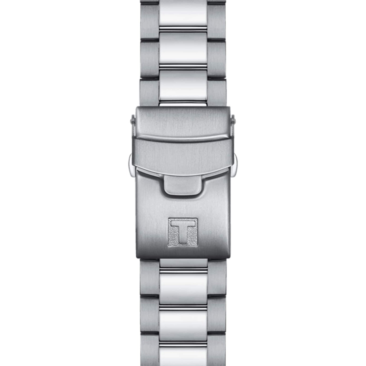 Close-up of the Tissot Seastar 2000 Professional Powermatic 80’s stainless steel bracelet with a deployment clasp, engraved with the “T” logo—showcasing the precision craftsmanship of this professional divers watch.