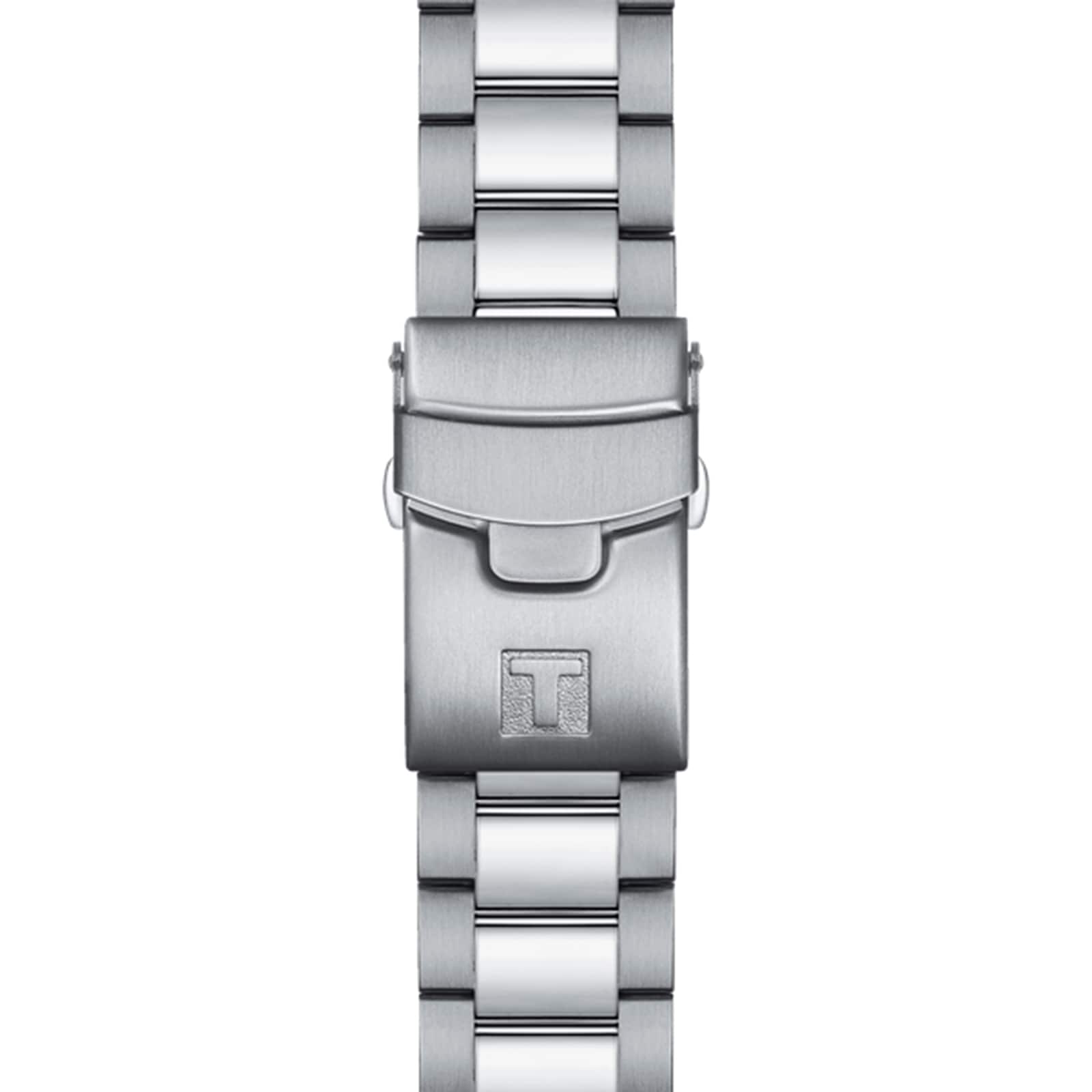 Close-up of the Tissot Seastar 2000 Professional Powermatic 80’s stainless steel bracelet with a deployment clasp, engraved with the “T” logo—showcasing the precision craftsmanship of this professional divers watch.