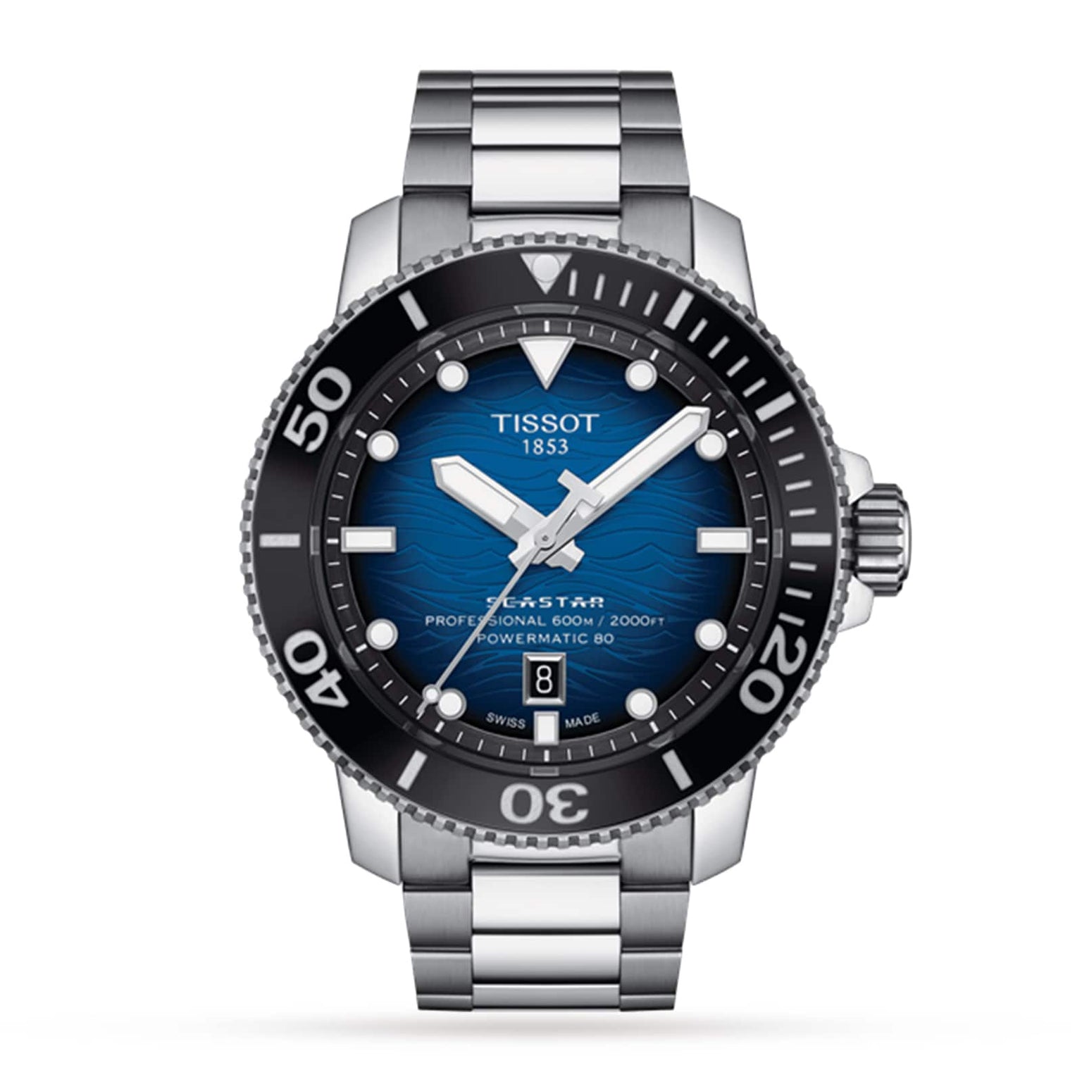 The Tissot Seastar 2000 Professional Powermatic 80 is a stainless steel diver’s watch with a blue dial, black bezel, silver markers, and date at 6 o’clock, shown against a white background.