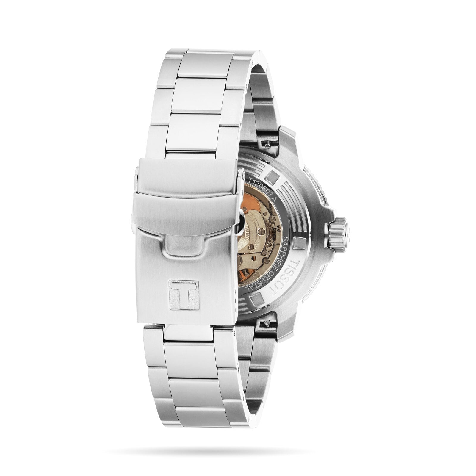 A close-up of the back of the Tissot Seastar 2000 Professional Powermatic 80 shows its silver stainless steel clasp and transparent case back, revealing the intricate Powermatic 80 movement inside.